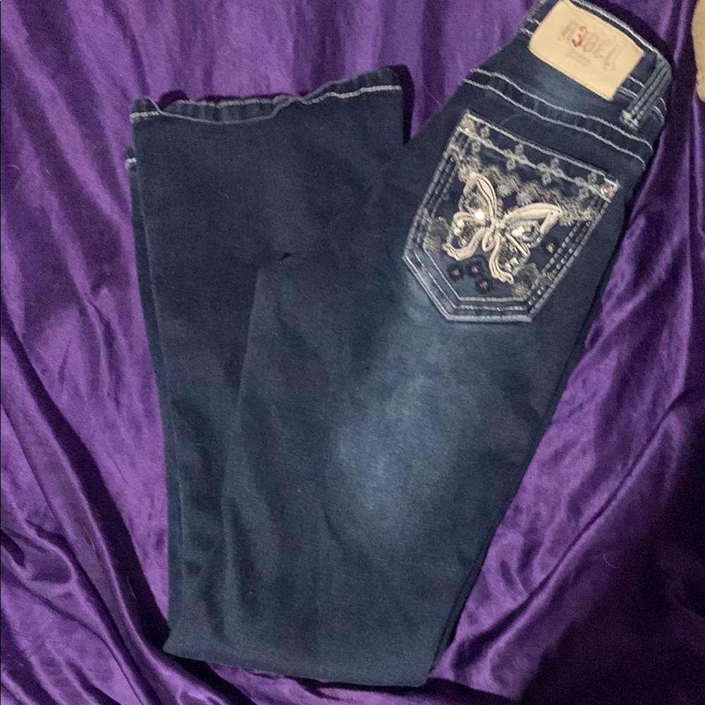 Elegant Blue Boot Cut Jeans with Butterfly Detail